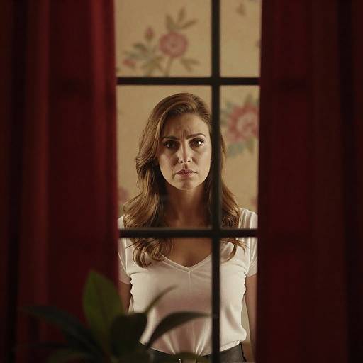 Woman with Serious Expression Behind Window Grid