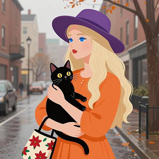 Calm Woman with Cat in Rainy City