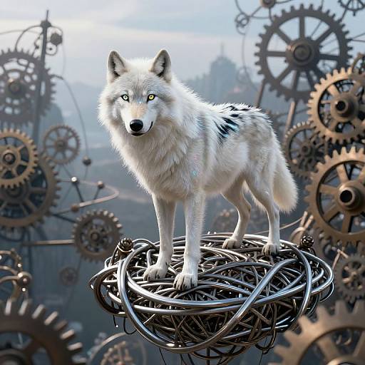 Digital artwork of a white wolf with yellow eyes standing on a metallic, gear-filled platform, surrounded by large, intricate gears in a foggy, industrial