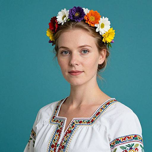 Photograph of a young white woman with light brown hair, wearing a colorful flower crown, white embroidered blouse, against a teal background.