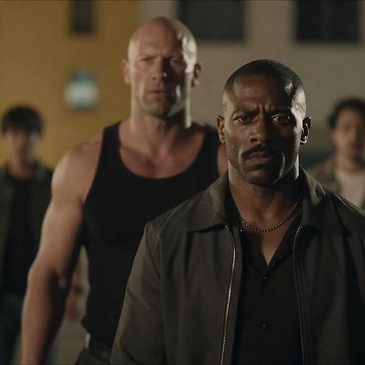 Two Muscular Men at Night with Intense Expressions