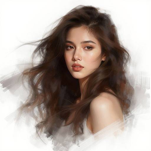 Digital painting of a beautiful young Asian woman with long, wavy dark brown hair, fair skin, and soft brown eyes, set against a white,