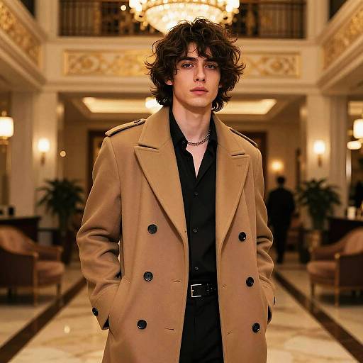 Photograph of a young man with curly dark hair, wearing a tan double-breasted coat over a black shirt, standing in an opulent, warmly