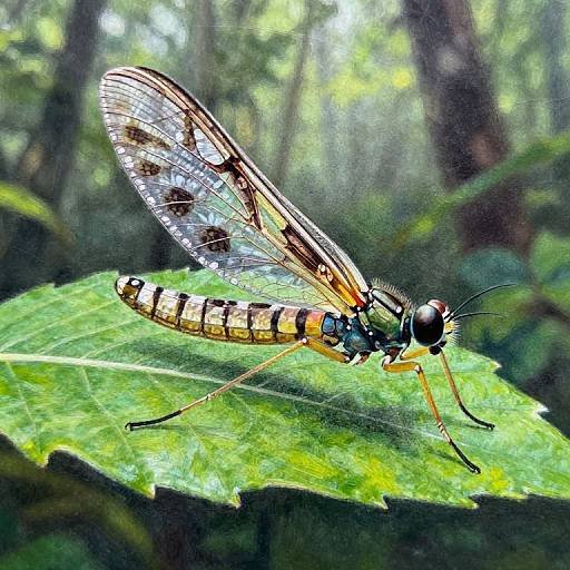 Close-up photograph of a black and yellow-striped dragonfly with translucent wings, resting on a vibrant green leaf in a sunlit forest.