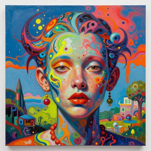 Vibrant, surreal digital portrait of a woman with colorful abstract patterns on her face, red lips, and earrings, set against a vivid, psychedelic