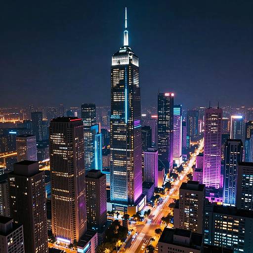 Nighttime photograph of a vibrant city skyline with brightly lit skyscrapers in blue, purple, and pink hues, a glowing central tower, and illuminated