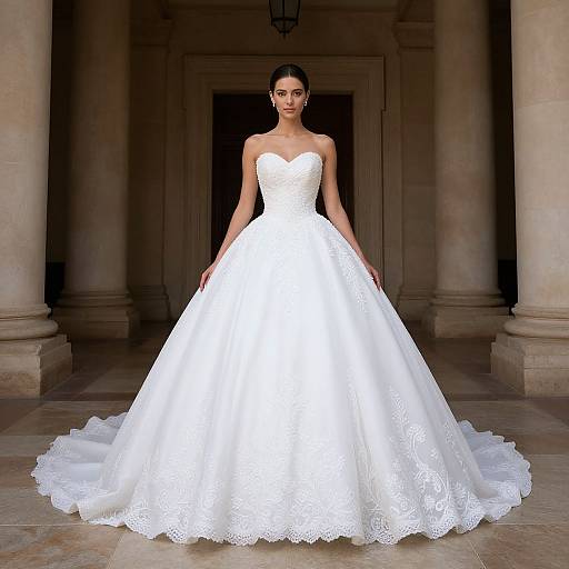Photograph of a dark-haired bride in a strapless, white lace wedding gown with a full skirt, standing in a dimly lit, columned