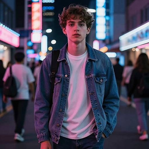Photograph of a young man with curly brown hair, wearing a denim jacket and white t-shirt, standing in a neon-lit urban street at night