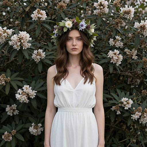 Woman in White Dress with Floral Crown