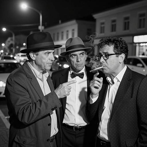 Nocturnal Drama: Three Men in Black-and-White