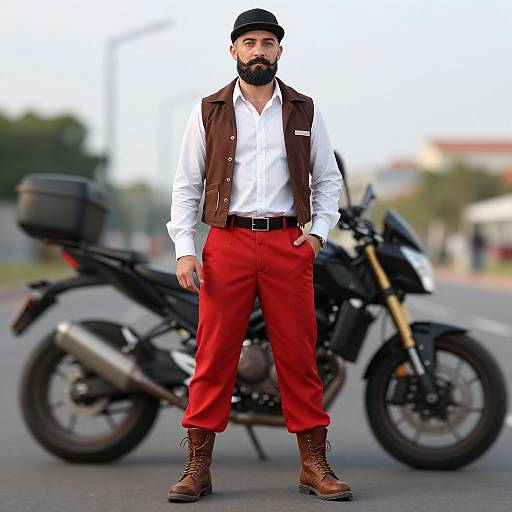 Photograph of a bearded man with a black cap, brown vest, white shirt, red pants, and brown boots, standing in front of a