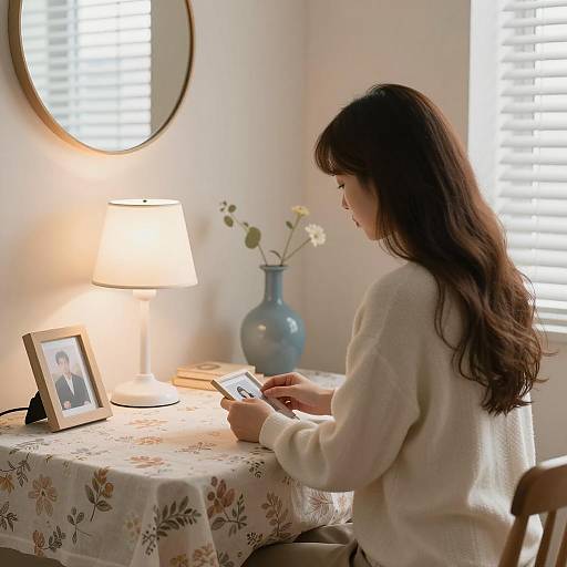 Woman Sitting at Table Holding Photo Frame