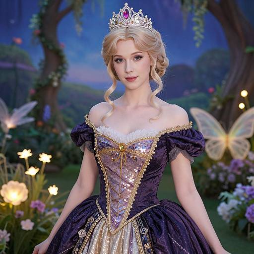 Photograph of a blonde woman in a detailed purple and gold fairy princess dress, tiara, and wavy hair, standing in a magical garden with