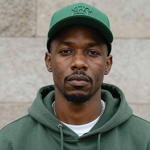 Serious Black Man in Green Hoodie and Cap