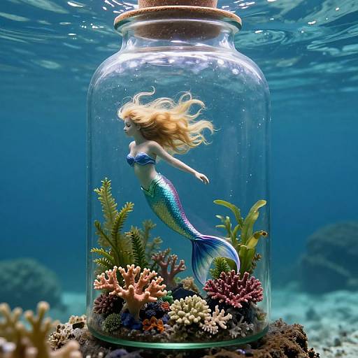 Photograph of a blonde mermaid with a blue and green tail, floating inside a glass jar filled with colorful coral and seaweed, submerged underwater.