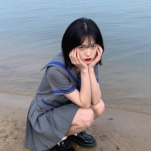 Pale Woman in Sailor Dress by Water