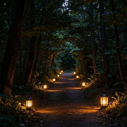 Photograph of a dimly lit forest path at night, illuminated by warm, glowing lanterns on either side, creating a magical, serene atmosphere.