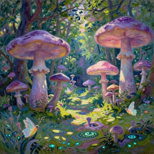 Vibrant, whimsical forest scene with oversized, pink and purple mushrooms, glowing fireflies, and iridescent butterflies, bathed in sunlight