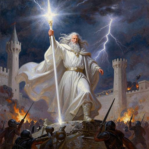 Elder wizard with white beard and robe, holding glowing staff, stands on rock amidst battle, lightning illuminating dark sky and castle.