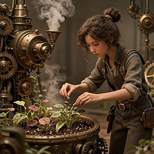 Steampunk woman with curly hair, in overalls, tends to steaming, gear-filled planter with pink flowers, in a dimly lit