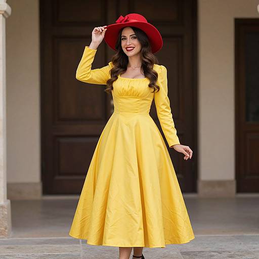 Photograph of a smiling woman in a vibrant yellow dress and red hat, standing outdoors in front of dark wooden doors.