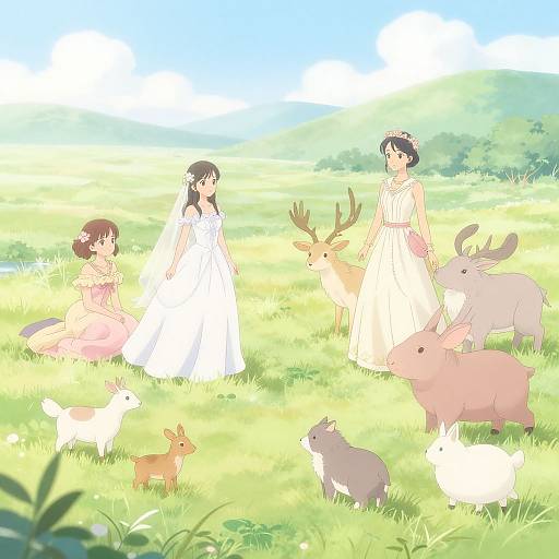 Anime-style digital drawing: Four women in white and pink dresses stand in a sunlit grassy field with deer, rabbits, and hares. Bright