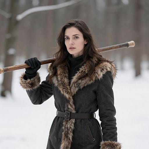 Woman with Wooden Staff in Snowy Forest