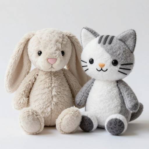 Photograph of a beige stuffed bunny and a white-and-gray stuffed cat with black stripes, sitting side-by-side on a white background.