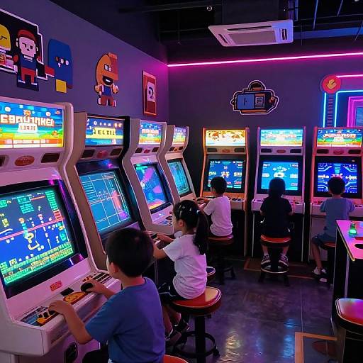 Photograph of a neon-lit arcade room with five people playing various colorful video games on upright machines, under vibrant pink and blue lights.