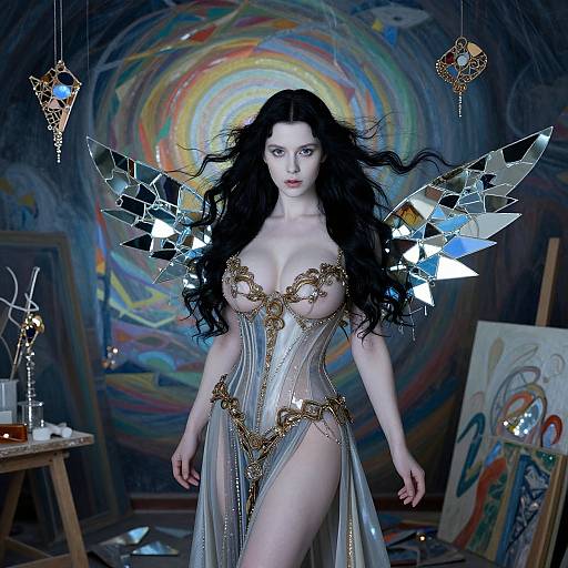 Digital art of a pale-skinned, dark-haired woman with mirror wings, wearing a transparent, gold-accented gown, standing in a vibrant,