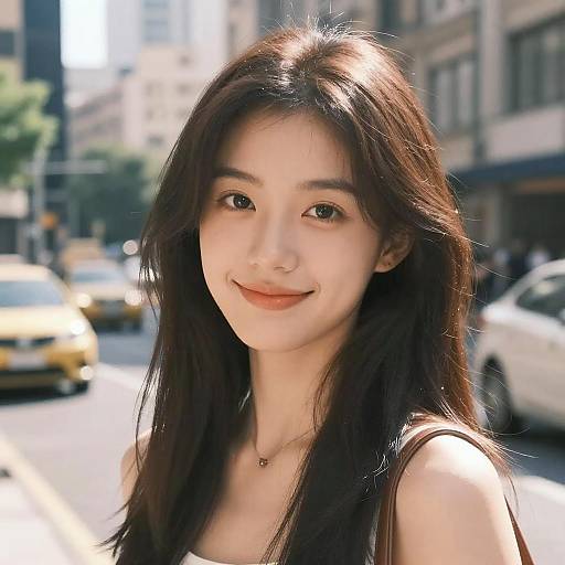 Photograph of an Asian woman with long, straight black hair, fair skin, and subtle smile, standing on a sunny urban street, blurred yellow taxis