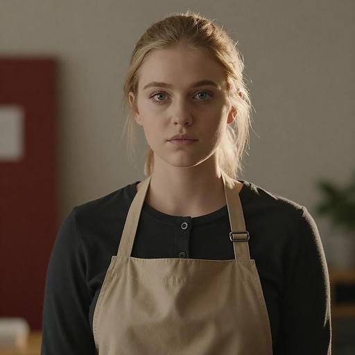Serious Blonde Woman in Tan Apron