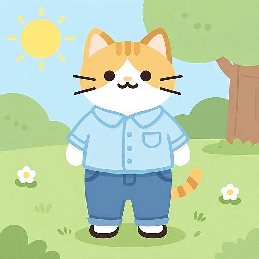 Cheerful Cat in Light Blue Outfit