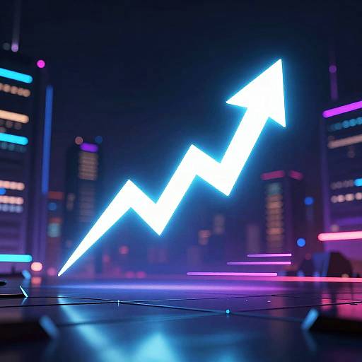 Neon-lit cityscape with a bright, jagged white lightning bolt arrow ascending in the center, surrounded by colorful, blurred building lights. Digital