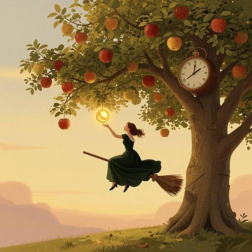 Digital art: Silhouetted woman in green dress and broom flying to catch apples from a tree with a clock, sunset sky background.