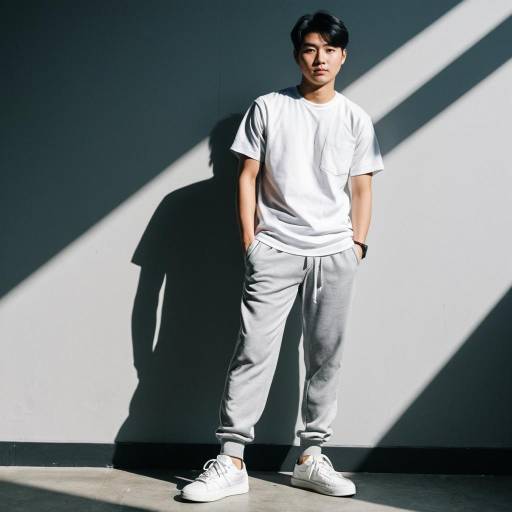 Young Asian Man in Casual White T-Shirt and Grey Sweatpants