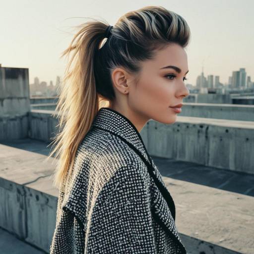 Fashion Model with Textured Mullet Hairstyle on Rooftop