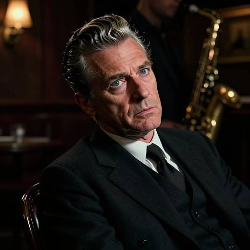 Photograph of a middle-aged man with slicked-back gray hair, blue eyes, and a serious expression, wearing a black suit, white shirt,