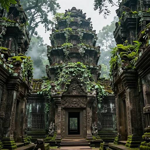 Photograph of an ancient, overgrown Hindu temple with moss-covered stone carvings, vines, and mist, surrounded by dense tropical forest.
