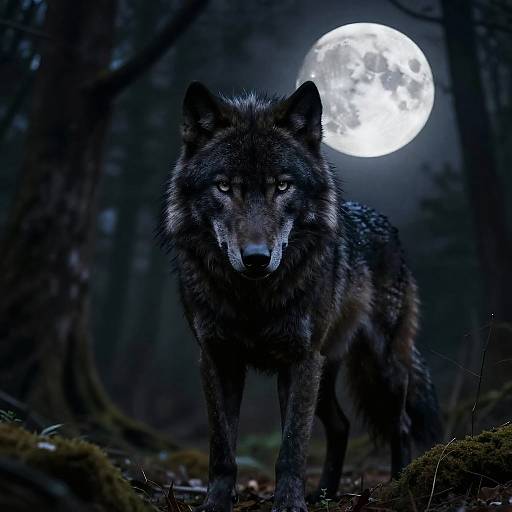 Mystical Black Wolf Under Full Moon