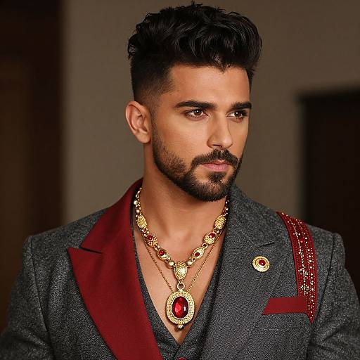 Photograph of a handsome, dark-haired man with a trimmed beard, wearing a gray blazer with red lining, gold jewelry, and a red gem