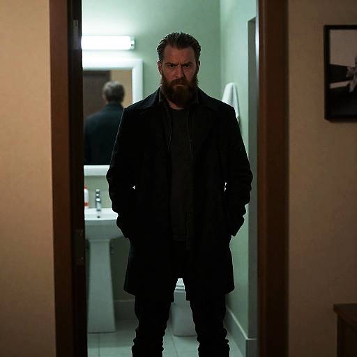 Mysterious Man in Dimly Lit Hallway