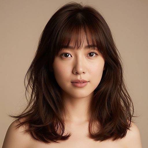 Photograph of an Asian woman with fair skin, straight dark brown shoulder-length hair, and bangs, gazing directly at the camera against a plain