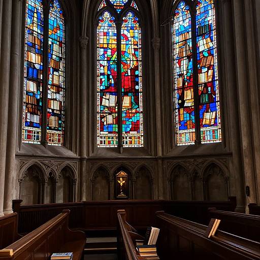 Photograph of a Gothic-style church interior with vibrant, multi-colored stained glass windows, dark wooden pews, and arched stone walls.