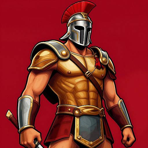 Digital illustration of a muscular, helmeted Spartan warrior with red plume, gold armor, leather skirt, and sword, against a vibrant red background.