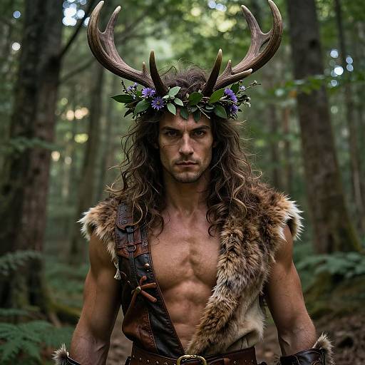 Photograph of a muscular, shirtless man with long brown hair, antler headpiece adorned with purple flowers, wearing fur and leather in a dense