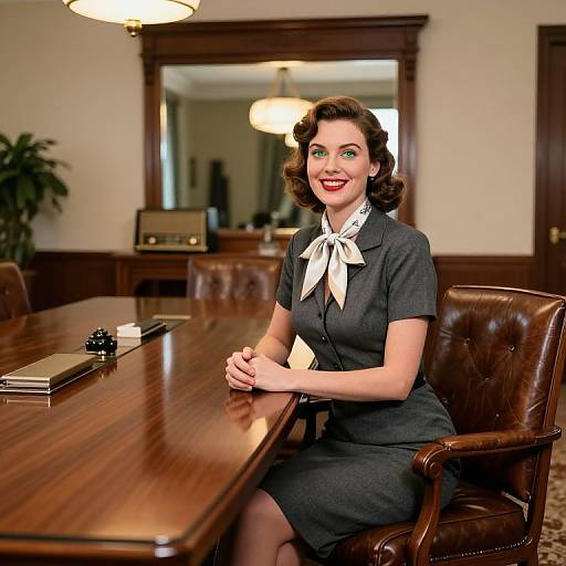 Photograph of a smiling 1940s-style woman with dark wavy hair, green eyeshadow, red lipstick, wearing a black dress with