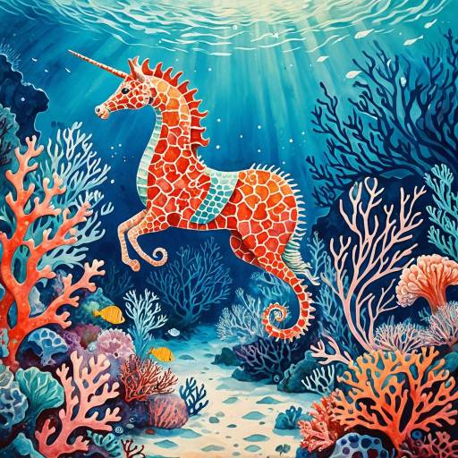 Marc Chagall Style Underwater Seahorse Illustration