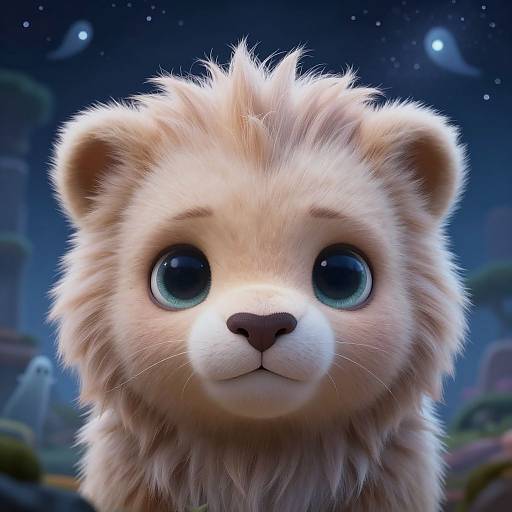 CGI close-up of a cute, fluffy, light beige lion cub with large, expressive blue eyes, set against a starry, moonlit night