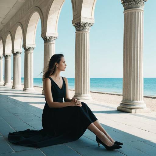 Woman in Black Dress Sitting by Seaside Colonnade